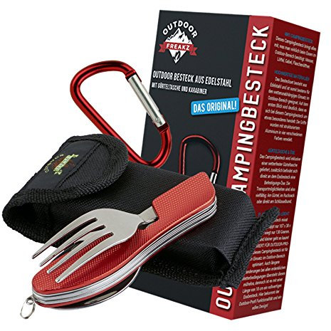 OUTDOOR FREAKZ Couverts de Camping en Acier Inoxydable avec Sac Pliable en néoprène (Rouge +)