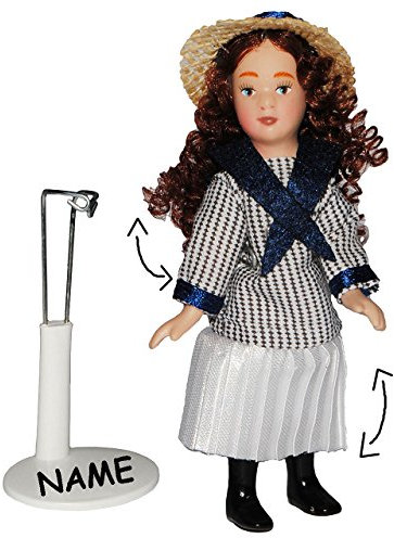 alles-meine.de GmbH Mädchen mit Marine Kleid - Puppe für Puppenstube - incl. Name - Maßstab 1:12 - Porzellan mit echten Haaren incl. Ständer - Biegepuppen Familie Biegepuppe Nost..