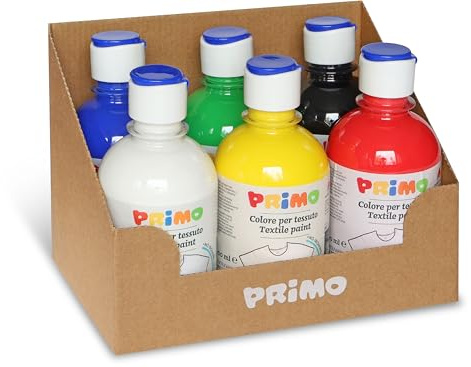 PRIMO - Colori Acrilici per Dipingere, 6 Colori per Bambini +3 Anni x 300 ml, Colori per Tessuti Permanenti con Risultato Opaco Coprente, Vernice Acrilica per Cartoleria, Lavoretti Creativi e Pittura