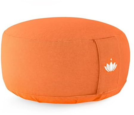 LOTUSCRAFTS® Meditationskissen mit 15cm Sitzhöhe, bestickt, Yoga Kissen mit Dinkelfüllung, Yogakissen Rund, Bodenkissen Rund, Yogakissen Meditationskissen, Yogakissen Bezug waschbar, GOTS zertifiziert