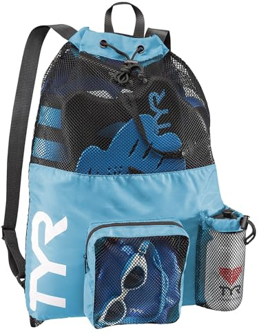 TYR Big Mesh Mummy Backpack for Swim, Gym and Workout Gear, BLue, 40-Liter Capacity