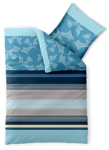 aqua-textil Trend Bettwäsche 155x220 cm 2tlg. Baumwolle Bettbezug Isabis Streifen Blumen Blau Türkis Beige