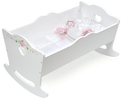 Badger Basket Doll Cradle with Deluxe Bedding – Charming White and Rose Design for 18 to 20-Inch Dolls, Complete with Personalization Kit and Pillows