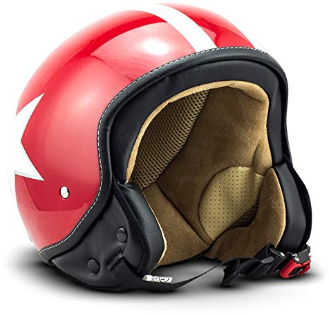 Soxon® SP-301 Star „Red“ · Jet-Helm · Motorrad-Helm Roller-Helm Scooter-Helm Moped Mofa-Helm Chopper Retro Vespa Vintage Pilot Biker Helmet Brille · ECE 22.05 Schnellverschluss Tasche L (59-60cm)