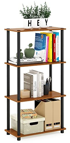 Furinno TURN-N-TUBE Storage Shelves, 4-Tier Toolless Book Shelf, Corner Shelf, Toolless Open Shelves, for Organization and Storage, Living Room, Garage, Home Office, Light Cherry