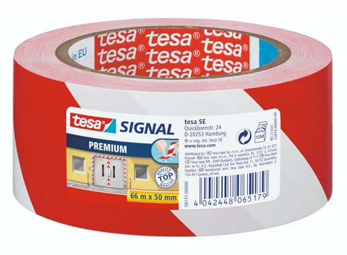tesa Signal Markierungsklebeband PREMIUM - selbstklebendes Warnband zur permanenten Markierung und Kennzeichnung von Gefahrenzonen - aus robustem PVC - 66 m x 50 mm - Rot/Weiß