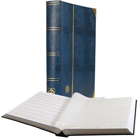 LIGHTHOUSE – “Comfort Deluxe” Stockbook for Stamps - Padded Alligator Leatherette Cover 64 White Cardstock A4 Pages with 9 Strips, Glassine Interleaves, Metal Corners, and Double Linen Hinges - Blue