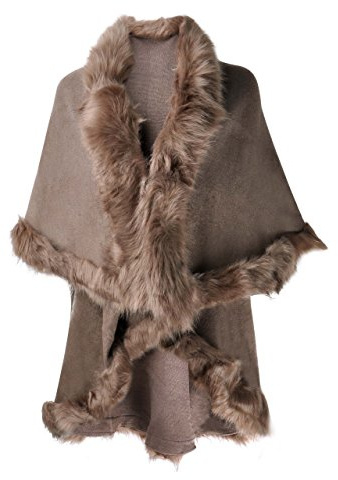 ZLYC Cardigan de Femme en Tricot Fin avec Faux Fur Trim Layers Poncho Cape, Marron (Kaki), Taille Unique