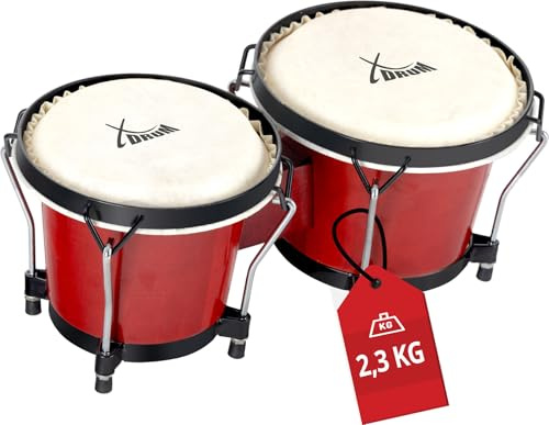 XDrum PERC Bongos Club vinröd – 2 trummor med 15 cm och 19 cm – bongottrummor med stämbara naturliga päls och stämnyckel – trätrummor vinröd