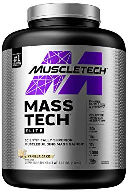 MuscleTech MassTech Elite Proteinpulver, Baut Muskelgröße Und -Stärke Auf, Molkenisola Massenproteinpulver Mit 3 g Kreatin, 80 g Protein, 18 g BCAA, 14 Portionen, 3,2 kg