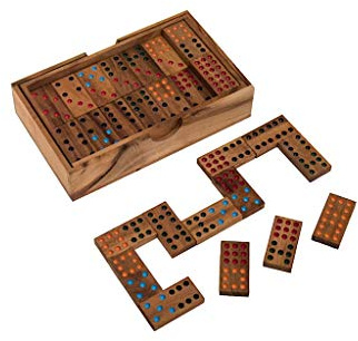 ROMBOL Domino, Doppel 9, Dominospiel für 2 bis 6 Personen, mit farbig ausgelegten Farbpunkten, aus Holz, Familiespiel