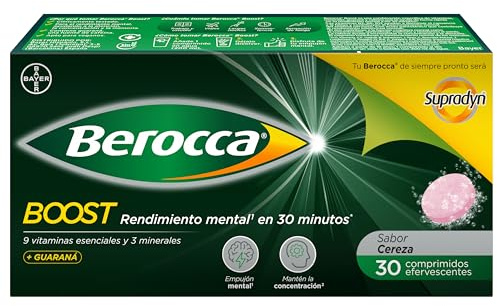 Berocca Boost Complejo de Vitaminas y Minerales con Cafeína y Guaraná Natural, para una Ayuda Rápida en el Rendimiento Mental y Físico, 30 Comprimidos Efervescentes