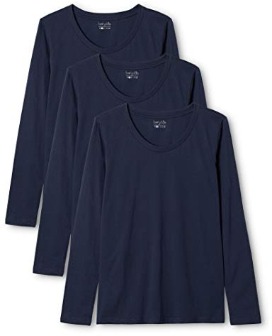 Berydale Maglietta a maniche lunghe con scollo rotondo in 100% cotone, Donna, Blu scuro (confezione da 3), 2XL