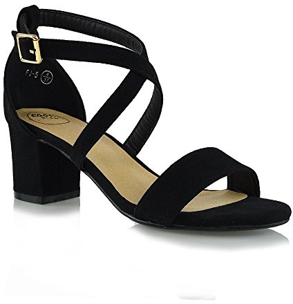 Womens Strappy Sandals Block Low Heel Ladies Ankle Strap Party Evening Shoes Black Faux Suede 4 UK