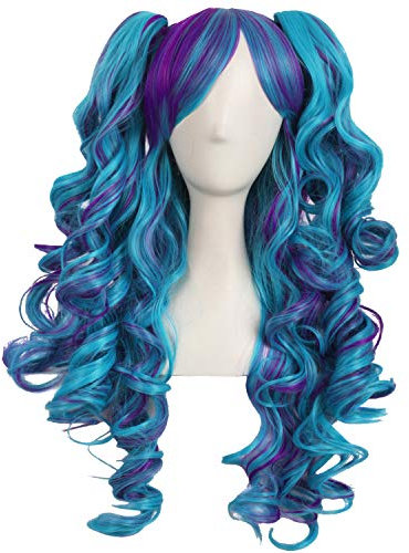 MapofBeauty Multi-color Lolita Long Curly Clip on Ponytails Cosplay Wig (Dark Purple/Cyan Blue)