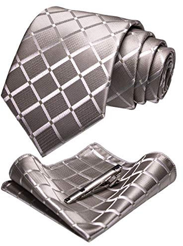 JEMYGINS Herren Hochzeit Krawatten-Set mit Karomuster und passendem Einstecktuch sowie Krawattenklammer - einfarbig in verschiedenen Farben erhältlich Silber
