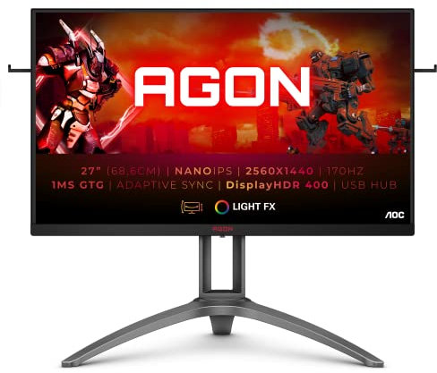 AOC AGON Gaming AG273QXP - 27 inch QHD Monitor, 165Hz, 1ms GTG, Nano IPS, AMD FreeSync premium, USB Hub, Height adjust (2560x1440@ 165Hz, 350 cd/m², HDMI/DP/USB 3.0)