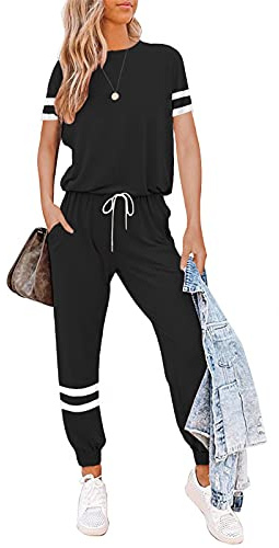 Litthing Completi Donna Sportivi 2 Pezzi Tute da Ginnastica Tops Manica Corta/Pantaloni per Casual Jogging Fitness Yoga Casa Pigiama Set (Nero, 2XL)