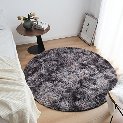 CHOSHOME Teppich Rund Batik Flauschig Teppiche Wohnzimmer Hochflor Waschbar Runder Teppich Runde Wohnzimmer Shaggy Modern Weich Groß rutschfest Waschbar Teppiche 80CM, Dunkelgrau/Schwarz