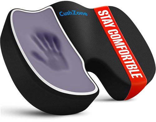 CushZone Seat Cushion - Memory Foam Office Chair Cushion for Sciatica, Tailbone & Back Pain Relief - Orthopedic Coccyx Pillow for Car, Airplane, Pregnancy & Long Sitting at Work, Black