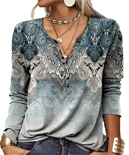 GRMLRPT T-Shirt col V Blouses à Manches Longues pour Femmes Imprimé Tunique Tops Lâche Chemisier T-Shirts pour Femmes Sweat-Shirt Tuniques Basiques Haut Automne(Bleu-U,XXL)