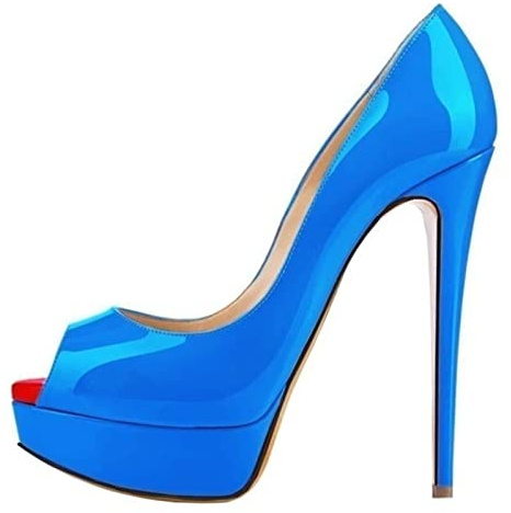 QIANKUN Sexy Open Toe Platform Women High Heels Super High Patent Leather High Heels Shoes Red Wedding Stilettos-Sky blue,39