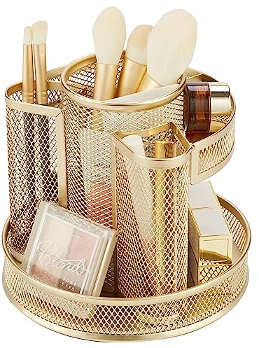 Annova Organiseur de bureau rotatif en maille avec 5 compartiments ronds pour bonbons/stylos, accessoires de bureau, fournitures artistiques, rangement, salle de classe, maison (Gold)