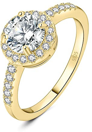 JewelryPalace Klassisch Rundschliff 1ct Moissanite Halo Promise Ring Damen, Schmuck Set, Verlobungsring Damenring Silber 925 mit Stein für Frauen, Simulierte Diamant Jubiläum Eheringe Vergoldet 49