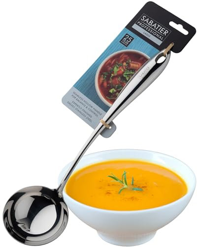 Sabatier Professional Large Metal Ladle - Mirror Polished Stainless Steel. Strong Kitchen Cooking Utensil Tool. Perfect for Serving Soups, Sauces and Stews. 25 Year Guarantee, Dishwasher Safe