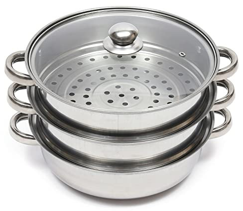 ANSNOW 3-Lagiges Dampfgarer-Kochfeld Aus Edelstahl, 27,6 cm X 16 cm / 11 X 6,3 Zoll, 2 X Dampfgarer, 1 X Pfanne, 1 X Glasabdeckung Für Gas-, Elektro-, Induktions- Und Halogenherde