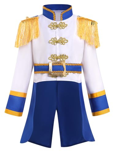 FYMNSI Boys Prince Soldier Circus Pirate Jacket Tops with Belt Toddler Kids Halloween Cosplay Dress Up Costume Medieval Knight Role Play Outfit for Children's Day School Performance White Blue 7-8T