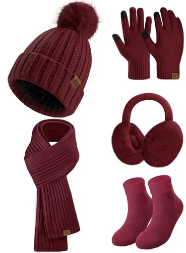heekpek 5 en 1 Tricotés Ensemble Femme Hiver Bonnet Echarpe Gants d'écran Tactile Doublure Doux Tricoté Chaud Cache Oreilles Chaussettes Thermiques pour l'hiver Ski Sports, Vin Rouge, Taille unique