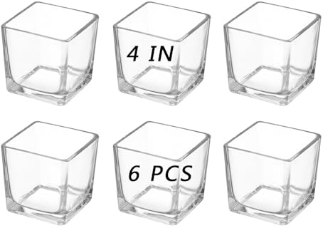 6PCS Square Glass Vases 4x4 Inch Clear Cube Flower Vase for Wedding Centerpiece Candle Holder Home Decor Square Shape Flower Vase,Centerpieces