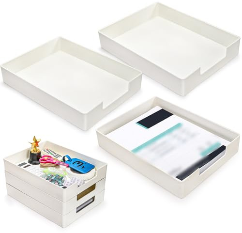 Eorbow 3 Pack Letter Tray, Plastic Stackable A4 Paper Trays, Rectangular Desk Drawer Organizer, File Holder for Desktop, Office Supplies Storage, White