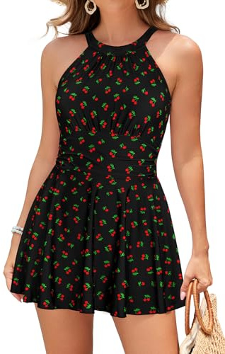SHEKINI Women's High Neck One Piece Swimdress Ruched Tummy Control Swimsuit