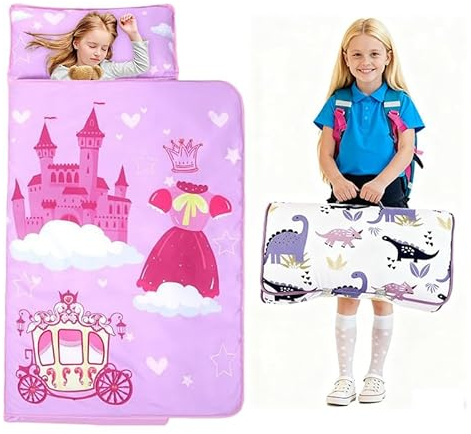 Sac de Couchage Chaud pour Enfants avec Oreiller Amovible, Tapis de Sieste Pliable pour Filles et Garçons, Couverture de Sieste avec Double Fermeture Eclair pour Camping