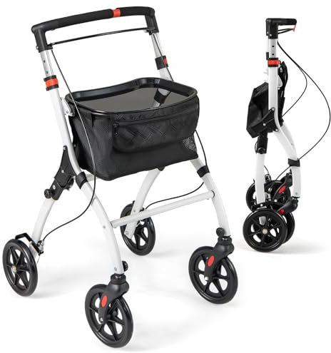 GOPLUS Rollator Schmal für Wohnung, Indoor Rollator 53cm breit für Senioren, Rollatoren faltbar mit 5 einstellbarer Höhe, Tablett & Tasche, Stabiler Wohnungsrollator leicht aus Aluminium, Schwarz