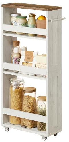 VASAGLE 4-Tier Slim Storage Trolley, Kitchen Trolley with Wheels, Handle, Small Space, 15 x 43.2 x 86.5 cm, Bathroom, Laundry Room, Rustic White and Honey Brown LRC050K01