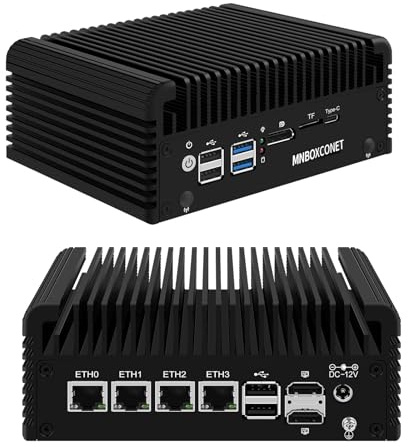 MNBOXCONET Minidator N150 brandvägg Fanless, DDR5 Barebone Micro stationär dator, 4 x 2,5 GbE i226V LAN, 2 x SATA3.0 Quad Display Hardware Appliance Type-C, 2HD, DP, Windows 11 Pro