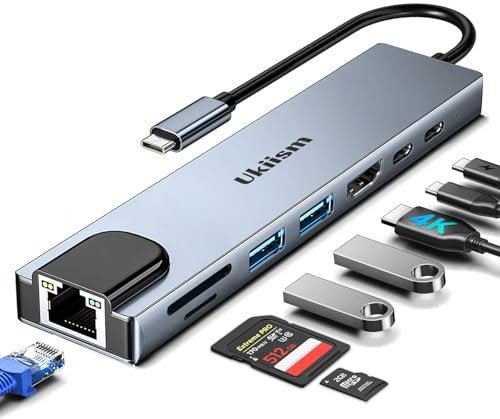 Adaptador HDMI Ethernet USB C, estación de acoplamiento 8 en 1 con HDMI 4K, Ethernet RJ45, lector de tarjetas SD/TF, USB 3.0/2.0, PD 100W, LAN USB-C Dongle para MacBook Pro/Air, iPad Pro, XPS, etc