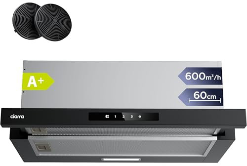 CIARRA CBCB6909A Classe A+ Hotte Télescopique Encastrable 60 cm 600 m³/h, Commande Tactile, 3 Vitesses, Recyclage & Evacuation, Filtre à Charbon CBCF055 Inclus, Noire