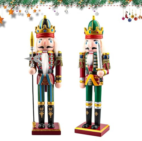 2 Soldados Cascanueces de Madera | 30 cm Muñecos de Navidad Decoración | Figuras de Cascanueces para Interior | Adornos para Chimenea y Alfeizar - Decoración para las 4 Estaciones (Sable y lanza)