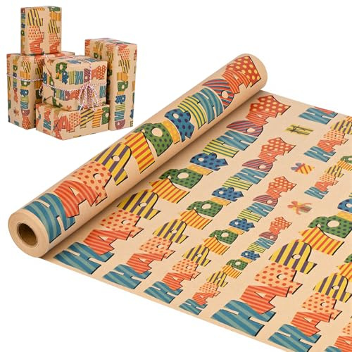 Papel de Regalo de Cumpleaños,15 m x 43 cm Rollo de Papel de Regalo,Patrón de Impresión de HAPPY BIRTHDAY,Juego de Papel de Regalo,Regalo de Baby Shower,Fiesta,Bricolaje (Cumpleaños de piel de vaca)