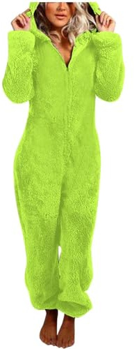 Generisch Mono de mujer con pijama de manga larga de un solo color con cremallera, suave y cómodo, pijama de invierno para casa, verde, XL