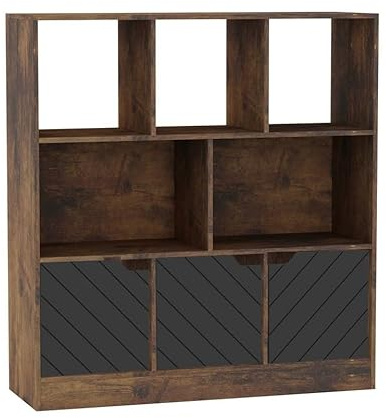 URBNLIVING Estantería asimétrica rústica marrón de 8 cubos, unidad de almacenamiento independiente con 3 puertas, puertas de diseño de líneas, color negro