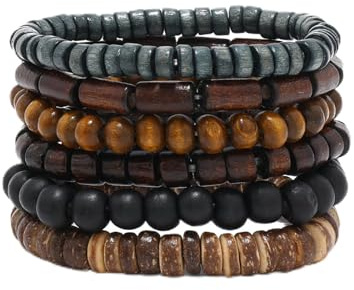 KRENIE 6 Pack Wooden Bead Bracelet for Men – Coconut Shell Beaded Bracelets Mens Jewelry Set – Multi-Layer Elastic Natural Wood Wrist Bracelets – Stackable Beaded Wristbands for Daily Wear & Gifts