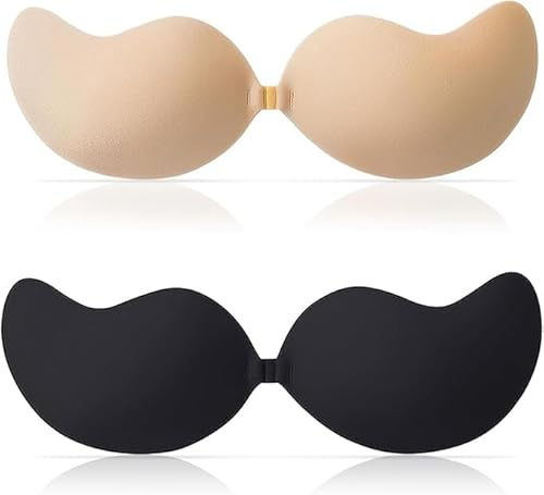 ToqoGeri 2 Pairs Self-Adhesive Invisible Sticky Push Up Bra, Bcup Sticky Bra, Strapless for Low Cut & Backless Dresses, Reusable for Evening Wear & Weddings (Skin Tones＋Black)