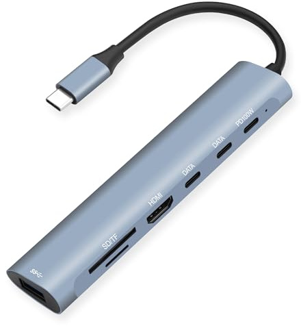 ELFJMZP Hub USB C 7 en 1, adaptador multipuerto tipo C con HDMI 4K, USB 3.0, puerto de datos USB-C dual, lector de tarjetas SD/TF, carga de paso PD de 100 W, estación de acoplamiento portátil para