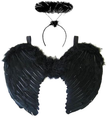 Womens Black Angel Wings And Halo - Ladies Fallen Dark Angel Costume for Womens Halloween Costume Adult - Adult Black Wings Halloween Fancy Dress Accessories