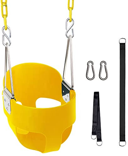 Toddler Swing, KINSPORY Baby Swing Outdoor, Heavy-Duty High Back Full Bucket Infant Swing Seat, 150cm Coated Chains with Tree Straps for Swing Sets Outdoor Backyard (Yellow)